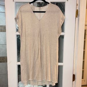 Umgee Beige Linen Blend V-Neck Tunic Dress Small